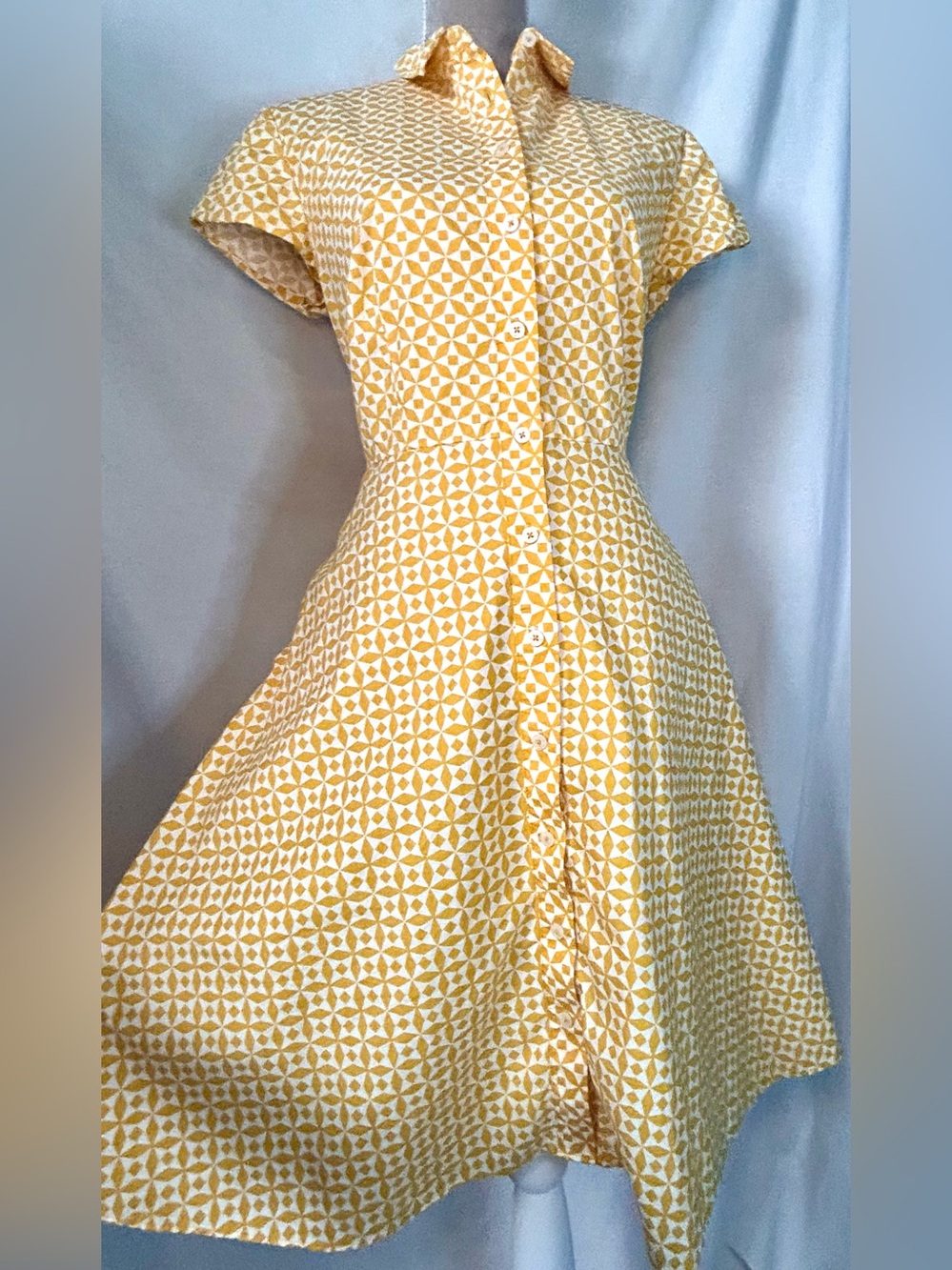 Boden Sophia Mustard Yellow, White Geometric Daisy Cotton Shirt Dress, Size 8 - Picture 5 of 16